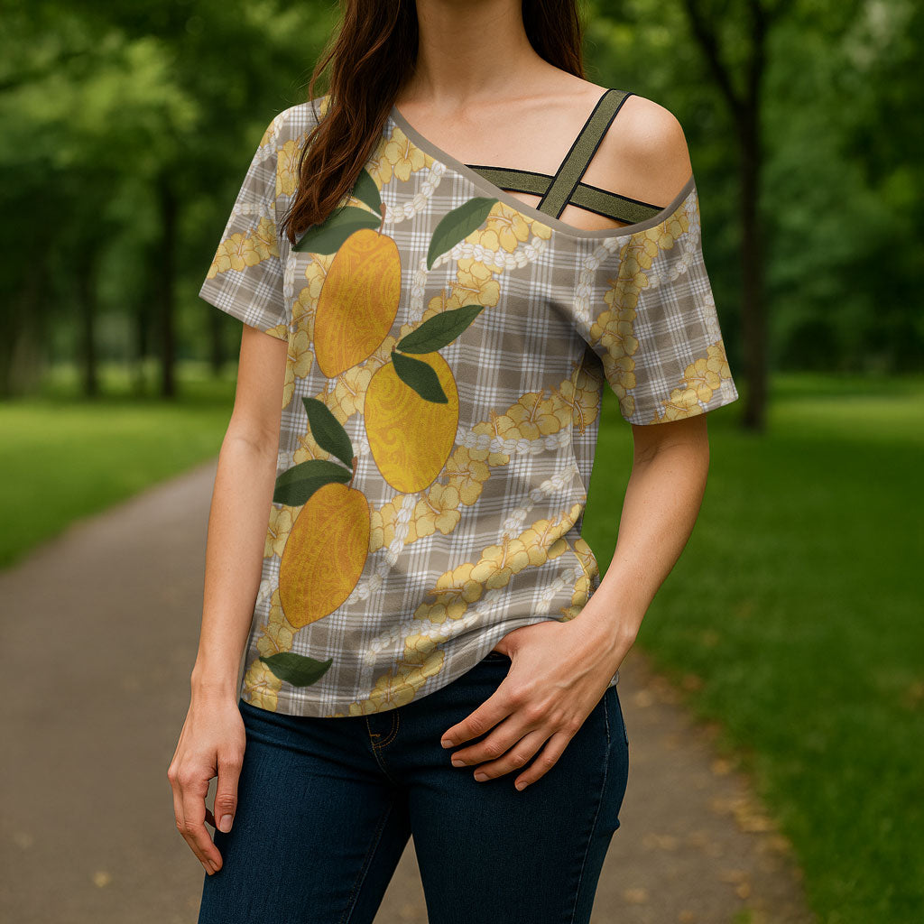 Maku'e Hawaiian Mango Palaka Cross Shoulder Shirt Aloha Hibiscus Pikake Lei LT9 - Polynesian Pride