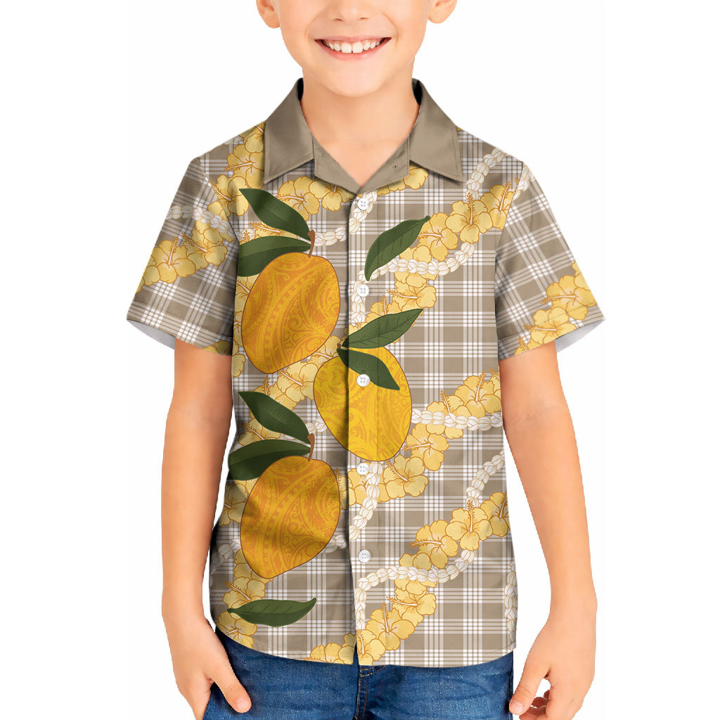 Maku'e Hawaiian Mango Palaka Kid Hawaiian Shirt Aloha Hibiscus Pikake Lei LT9 Kid Brown - Polynesian Pride