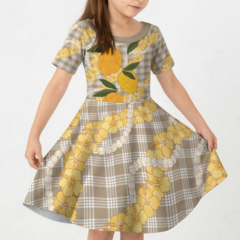Maku'e Hawaiian Mango Palaka Kid Short Sleeve Dress Aloha Hibiscus Pikake Lei LT9 KID Brown - Polynesian Pride
