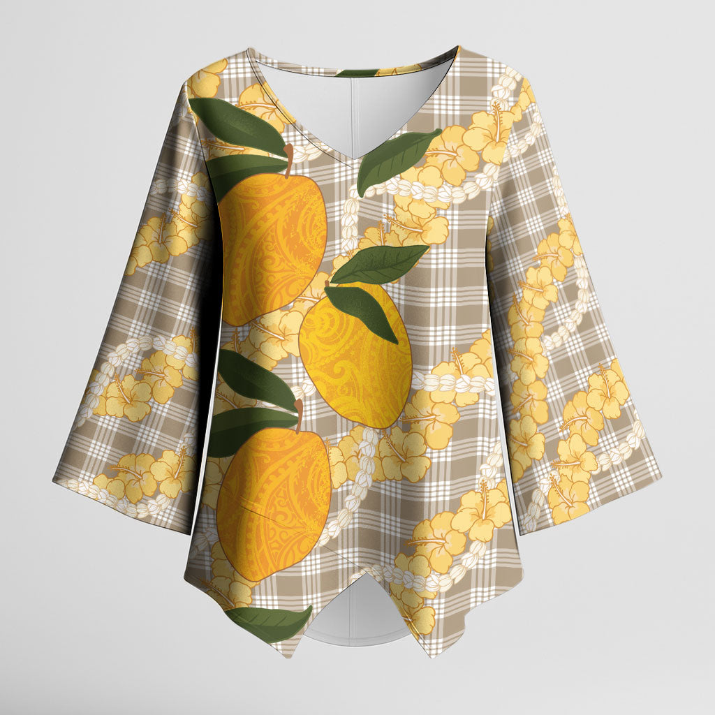 Maku'e Hawaiian Mango Palaka Kimono Sleeve Blouse Aloha Hibiscus Pikake Lei LT9 Female Brown - Polynesian Pride