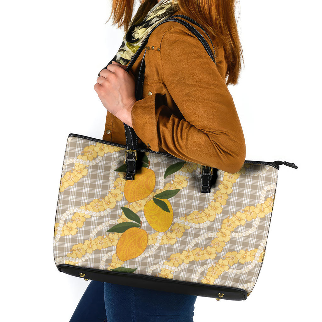 Maku'e Hawaiian Mango Palaka Leather Tote Bag Aloha Hibiscus Pikake Lei LT9 Brown - Polynesian Pride