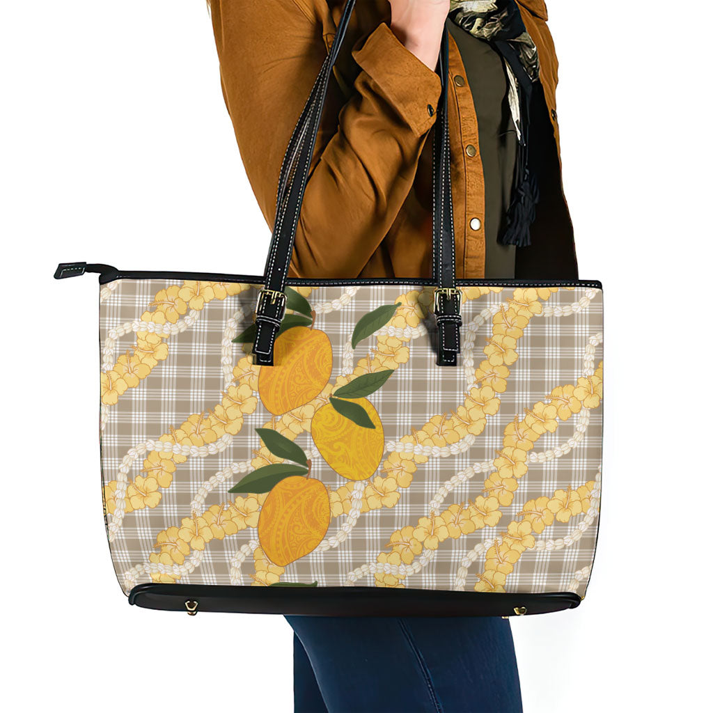Maku'e Hawaiian Mango Palaka Leather Tote Bag Aloha Hibiscus Pikake Lei LT9 - Polynesian Pride