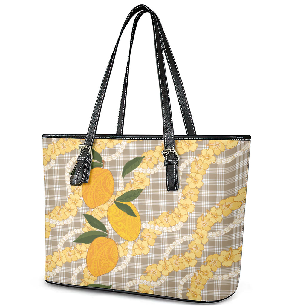 Maku'e Hawaiian Mango Palaka Leather Tote Bag Aloha Hibiscus Pikake Lei LT9 - Polynesian Pride