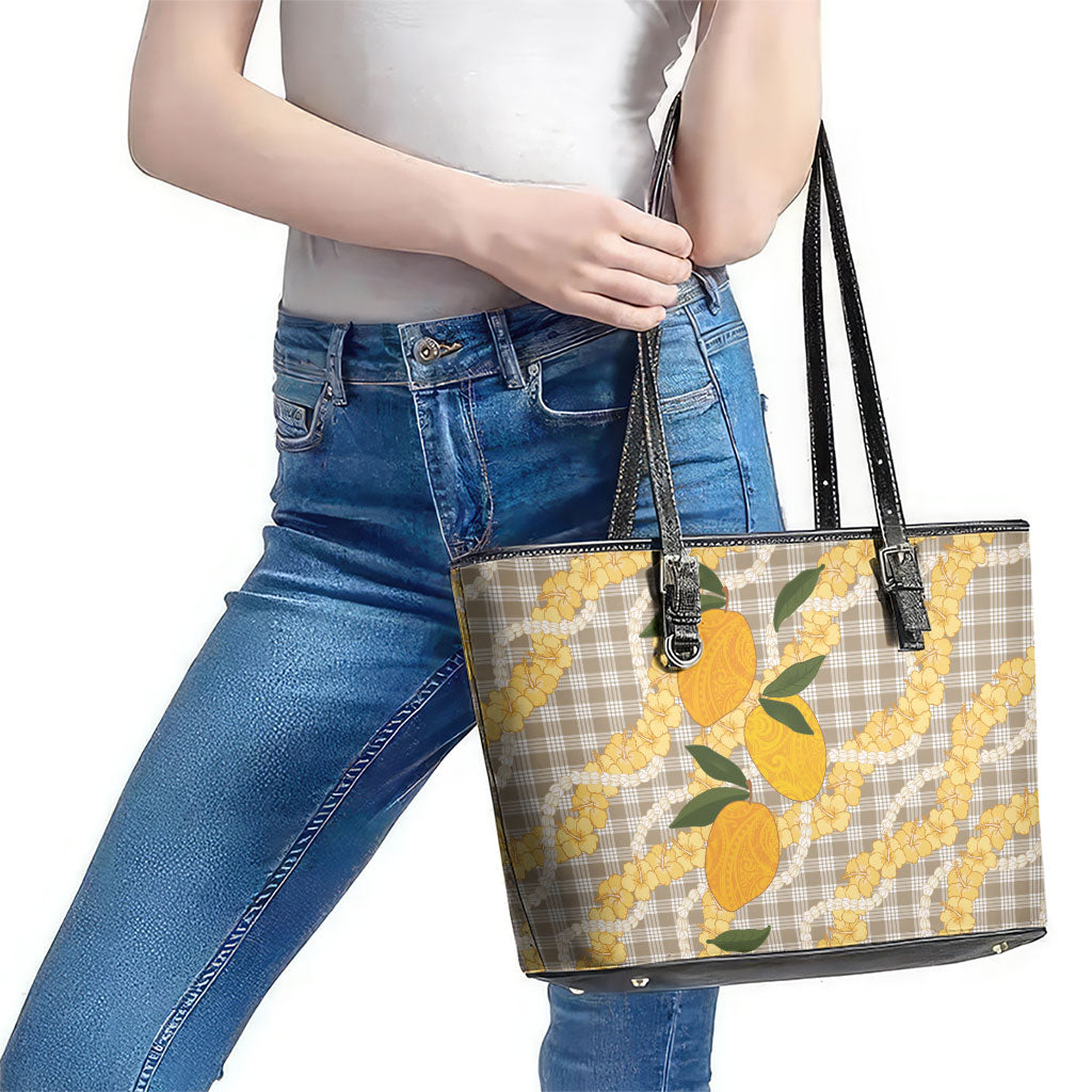 Maku'e Hawaiian Mango Palaka Leather Tote Bag Aloha Hibiscus Pikake Lei LT9 - Polynesian Pride