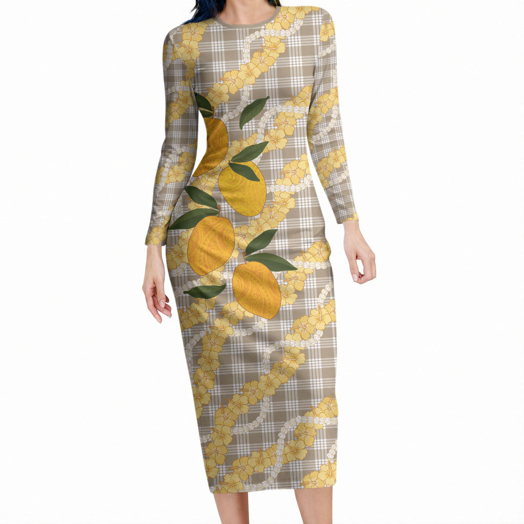 Maku'e Hawaiian Mango Palaka Long Sleeve Bodycon Dress Aloha Hibiscus Pikake Lei LT9 Long Dress Brown - Polynesian Pride