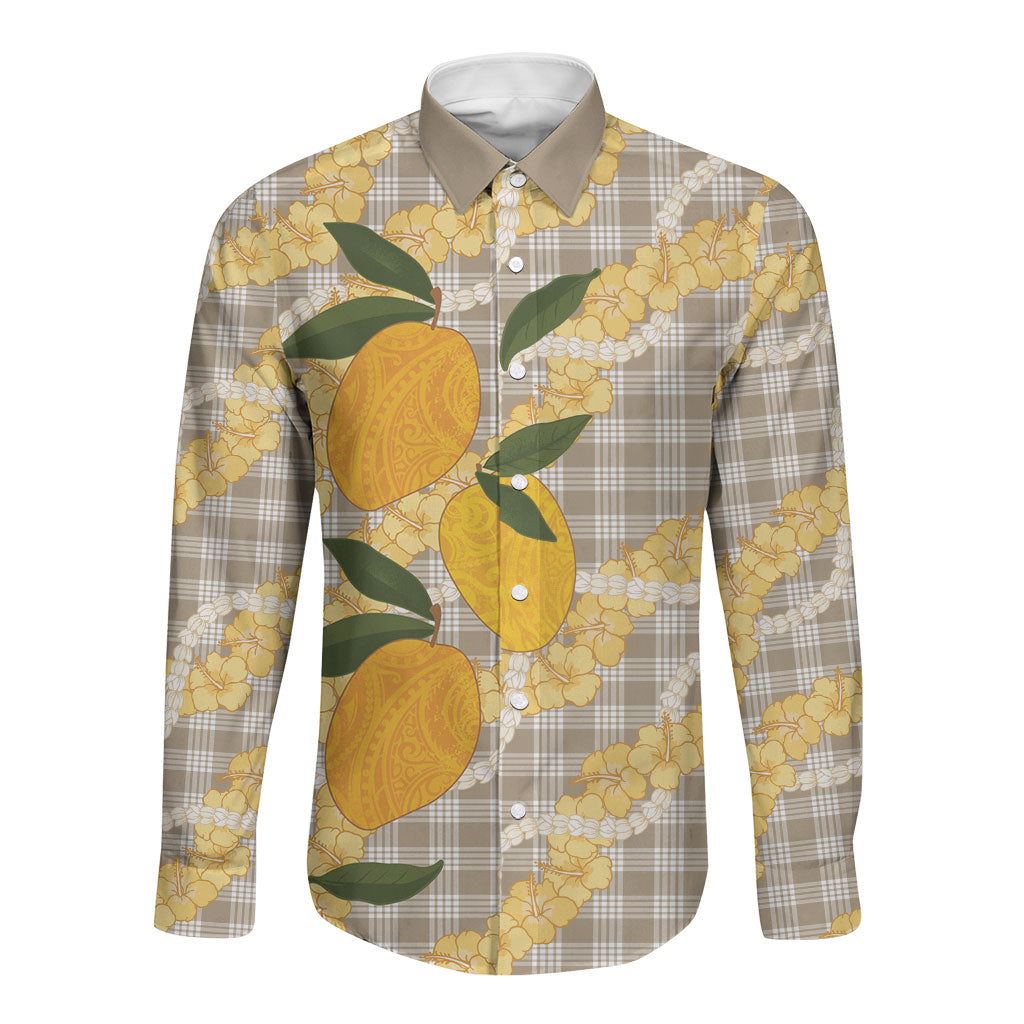 Maku'e Hawaiian Mango Palaka Long Sleeve Button Shirt Aloha Hibiscus Pikake Lei LT9 Unisex Brown - Polynesian Pride