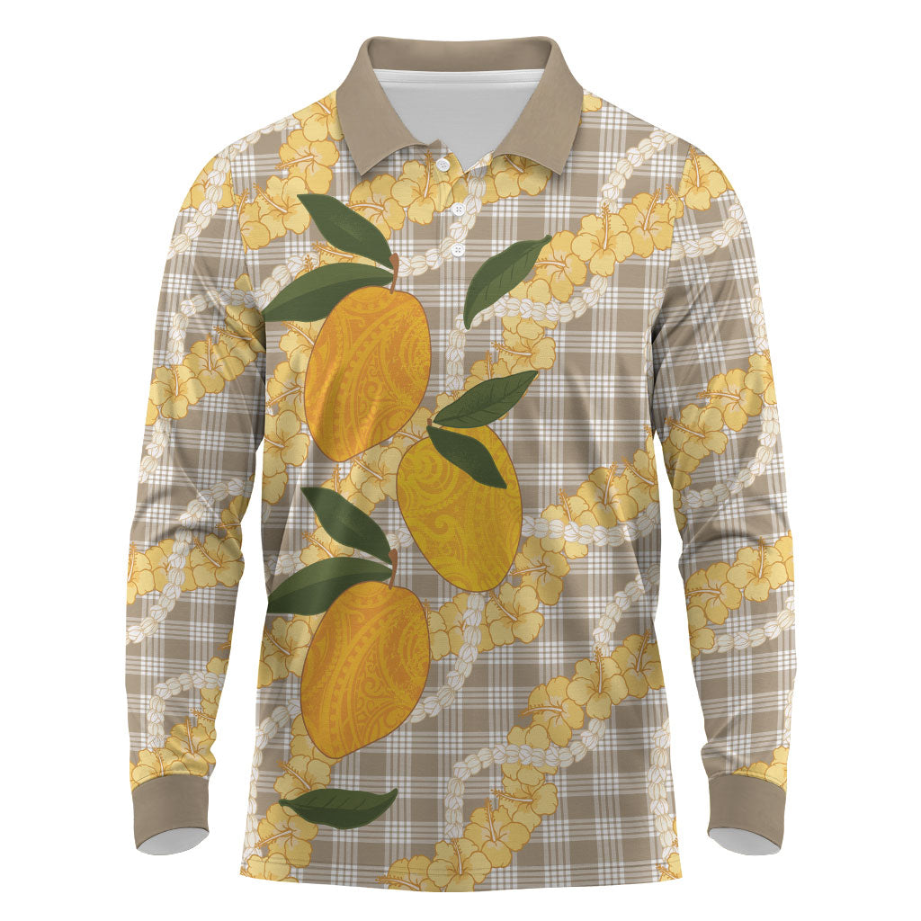 Maku'e Hawaiian Mango Palaka Long Sleeve Polo Shirt Aloha Hibiscus Pikake Lei LT9 Brown - Polynesian Pride