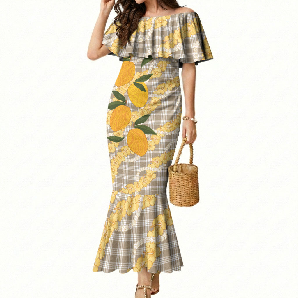 Maku'e Hawaiian Mango Palaka Mermaid Dress Aloha Hibiscus Pikake Lei LT9 Women Brown - Polynesian Pride