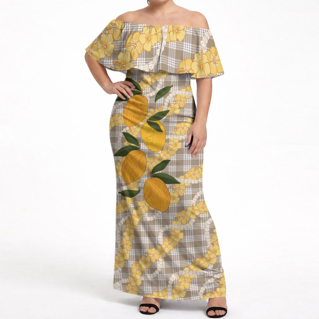 Maku'e Hawaiian Mango Palaka Off Shoulder Maxi Dress Aloha Hibiscus Pikake Lei LT9 Women Brown - Polynesian Pride