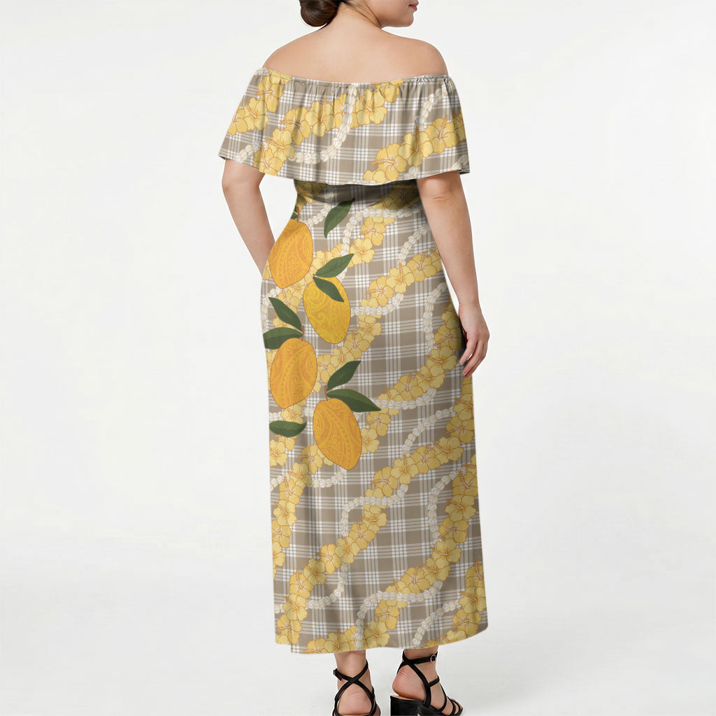 Maku'e Hawaiian Mango Palaka Off Shoulder Maxi Dress Aloha Hibiscus Pikake Lei LT9 - Polynesian Pride