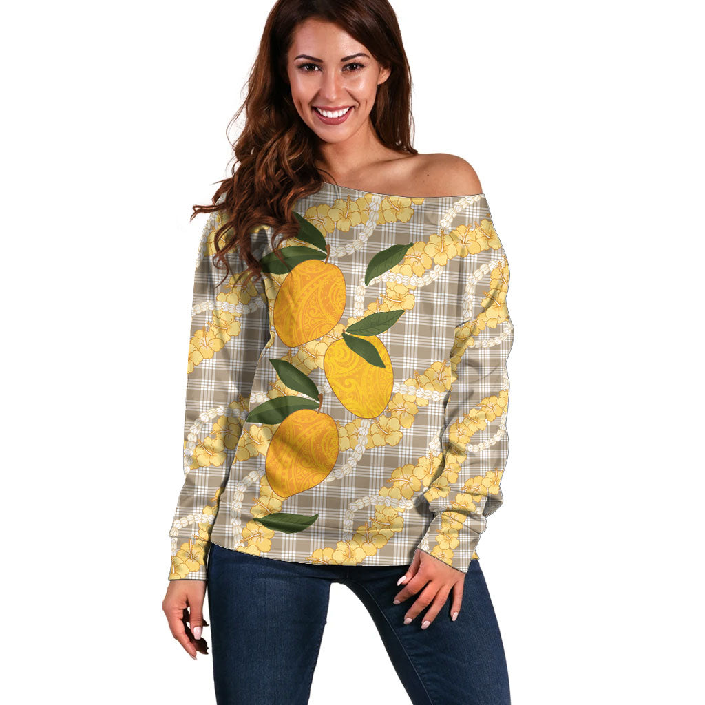 Maku'e Hawaiian Mango Palaka Off Shoulder Sweater Aloha Hibiscus Pikake Lei LT9 Women Brown - Polynesian Pride