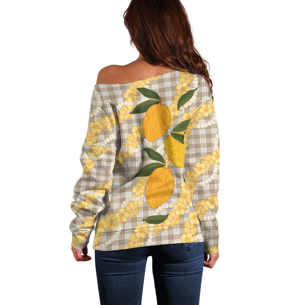 Maku'e Hawaiian Mango Palaka Off Shoulder Sweater Aloha Hibiscus Pikake Lei LT9 - Polynesian Pride