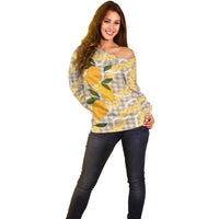 Maku'e Hawaiian Mango Palaka Off Shoulder Sweater Aloha Hibiscus Pikake Lei LT9 - Polynesian Pride