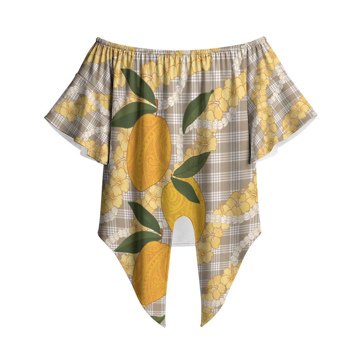 Maku'e Hawaiian Mango Palaka Off Shoulder Wrap Waist Top Aloha Hibiscus Pikake Lei LT9 Brown - Polynesian Pride