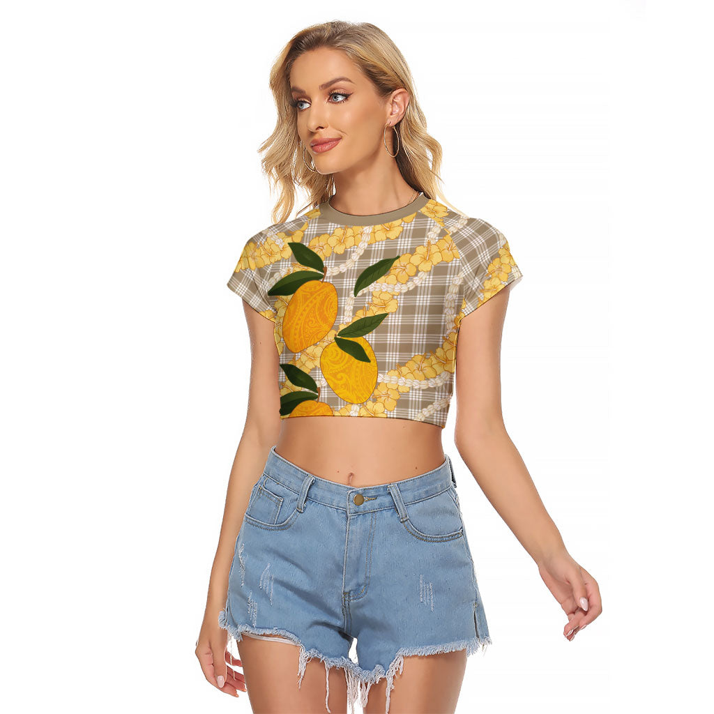 Maku'e Hawaiian Mango Palaka Raglan Cropped T Shirt Aloha Hibiscus Pikake Lei LT9 Female Brown - Polynesian Pride