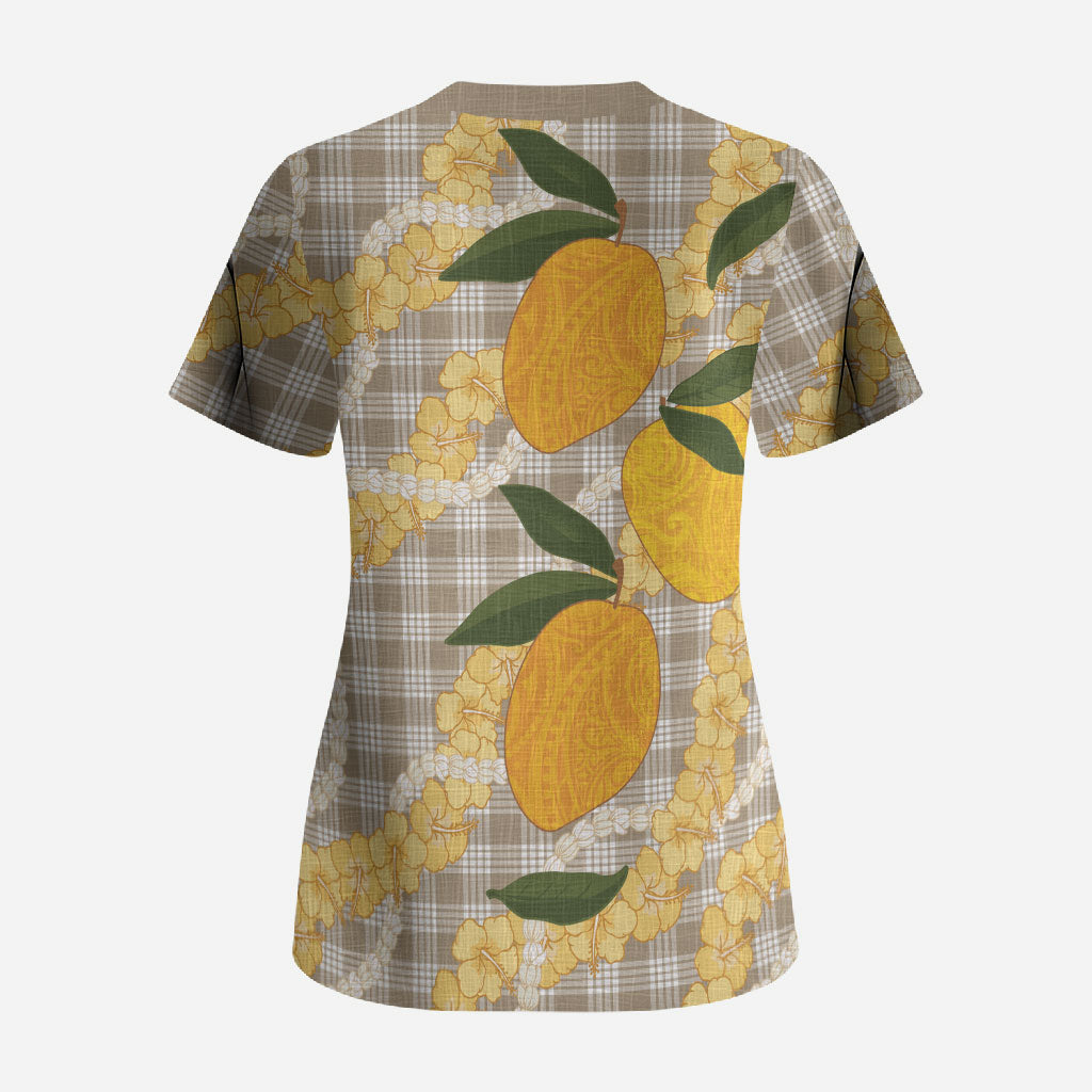 Maku'e Hawaiian Mango Palaka Scrub Top Aloha Hibiscus Pikake Lei LT9 - Polynesian Pride