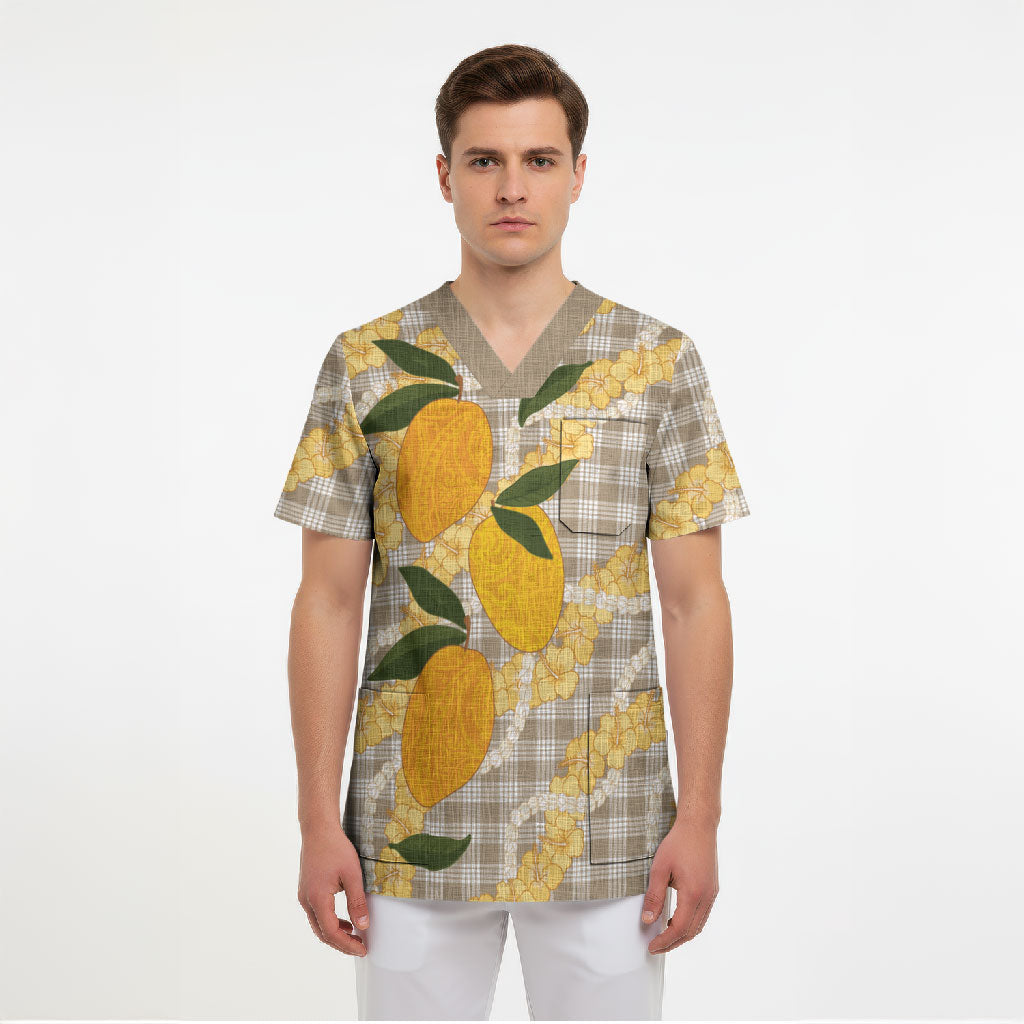 Maku'e Hawaiian Mango Palaka Scrub Top Aloha Hibiscus Pikake Lei LT9 - Polynesian Pride