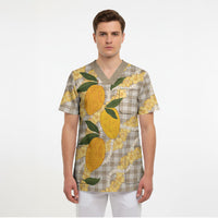 Maku'e Hawaiian Mango Palaka Scrub Top Aloha Hibiscus Pikake Lei LT9 - Polynesian Pride