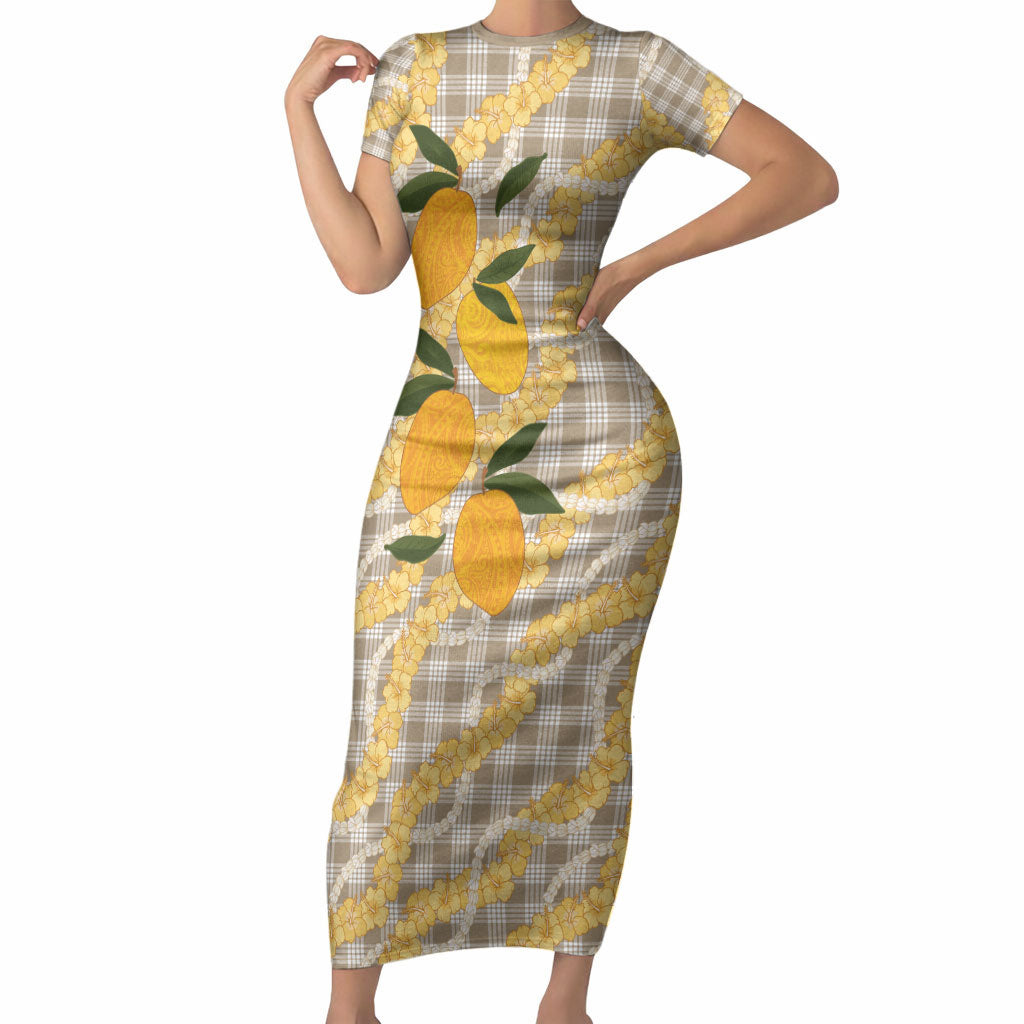 Maku'e Hawaiian Mango Palaka Short Sleeve Bodycon Dress Aloha Hibiscus Pikake Lei LT9 Long Dress Brown - Polynesian Pride