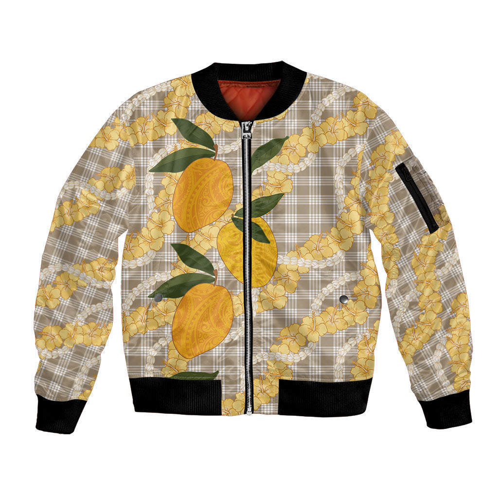 Maku'e Hawaiian Mango Palaka Sleeve Zip Bomber Jacket Aloha Hibiscus Pikake Lei LT9 Unisex Brown - Polynesian Pride