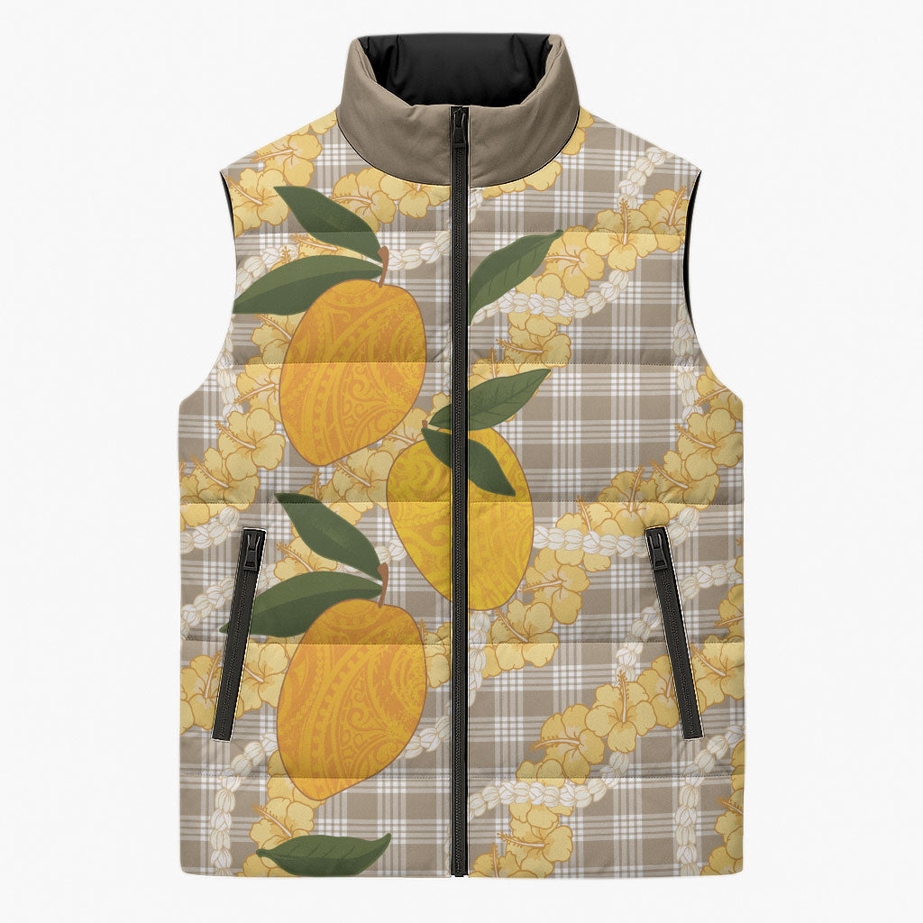 Maku'e Hawaiian Mango Palaka Sleeveless Puffer Jacket Aloha Hibiscus Pikake Lei LT9 Unisex Brown - Polynesian Pride