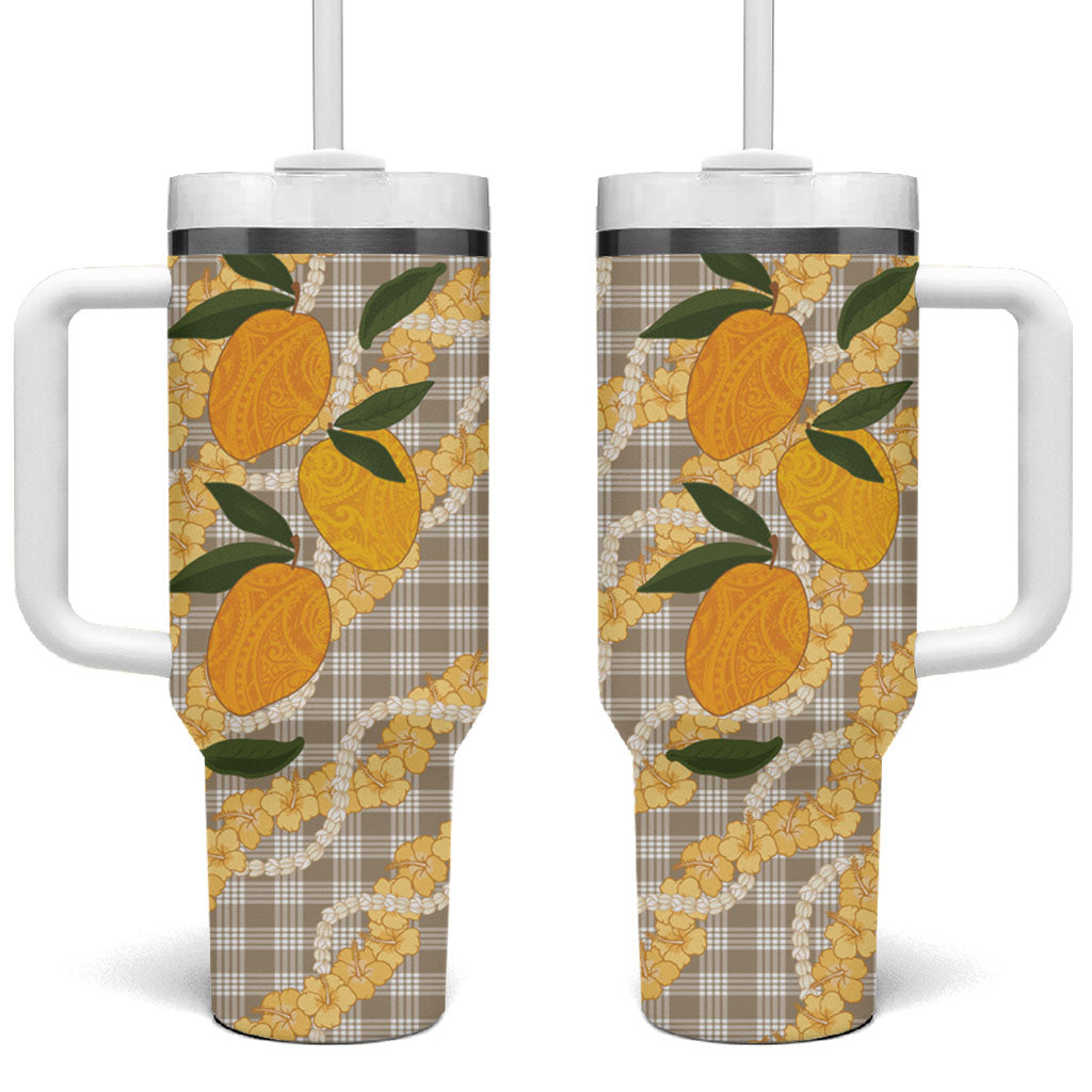 Maku'e Hawaiian Mango Palaka Tumbler With Handle Aloha Hibiscus Pikake Lei LT9 One Size: 40 oz Brown - Polynesian Pride