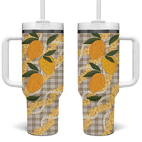 Maku'e Hawaiian Mango Palaka Tumbler With Handle Aloha Hibiscus Pikake Lei LT9 One Size: 40 oz Brown - Polynesian Pride