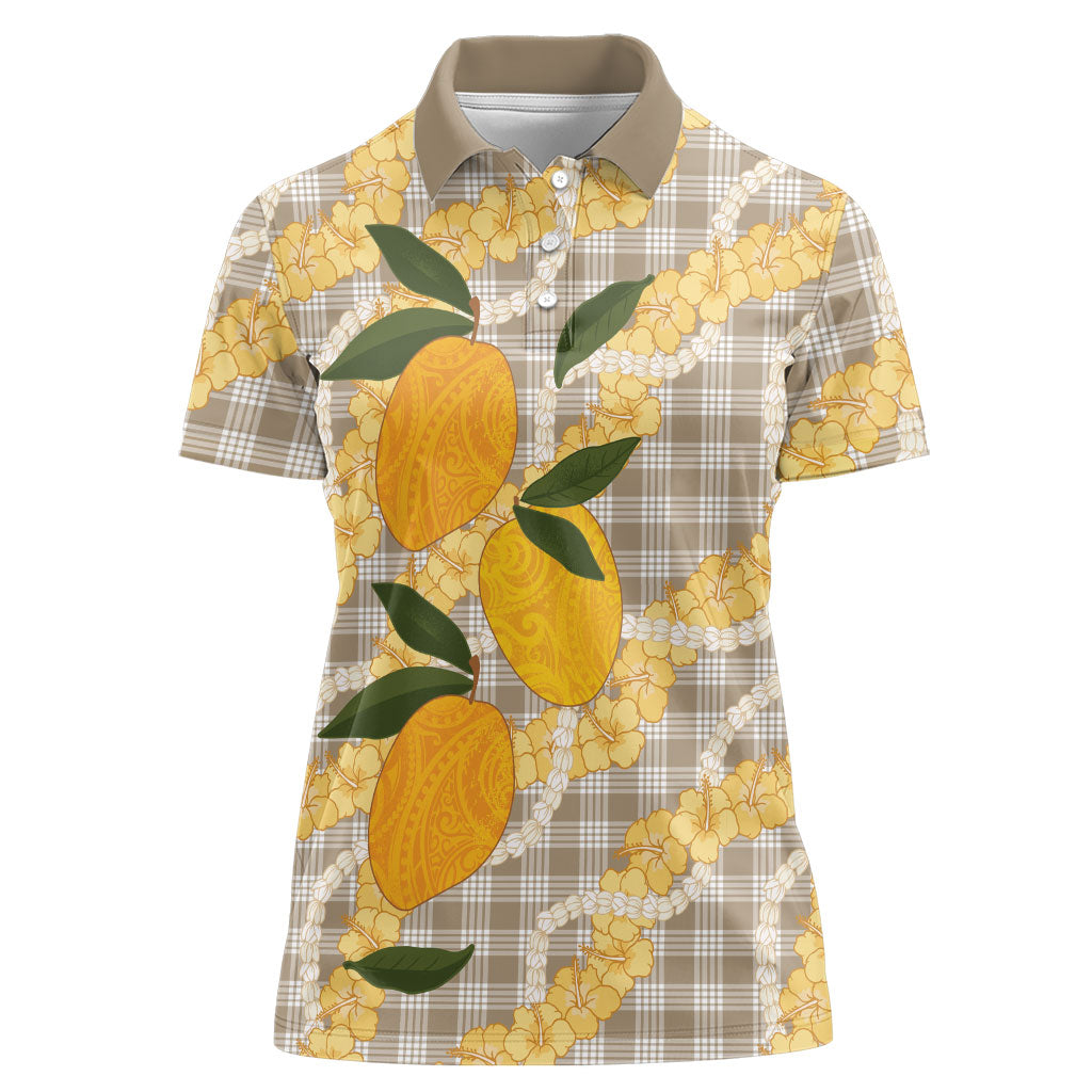 Maku'e Hawaiian Mango Palaka Women Polo Shirt Aloha Hibiscus Pikake Lei LT9 Female Brown - Polynesian Pride