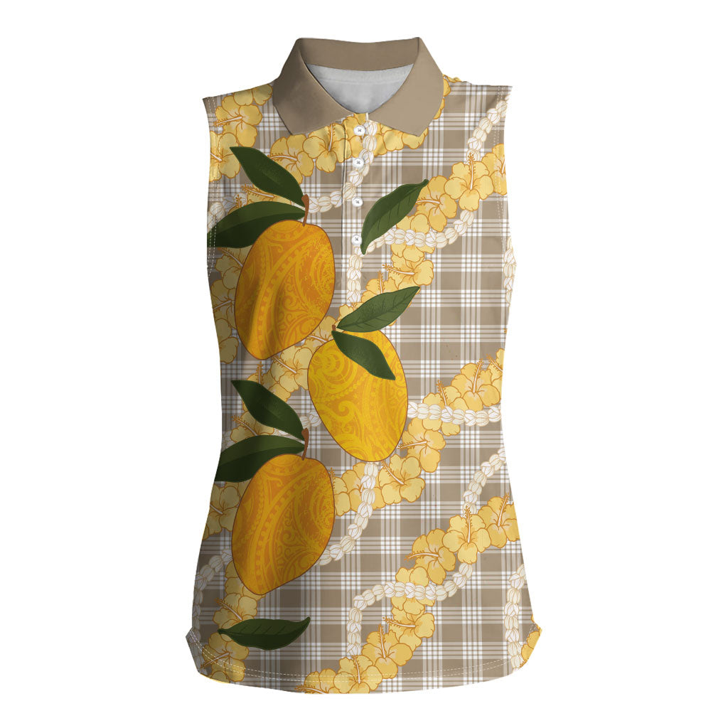 Maku'e Hawaiian Mango Palaka Women Sleeveless Polo Shirt Aloha Hibiscus Pikake Lei LT9 Female Brown - Polynesian Pride