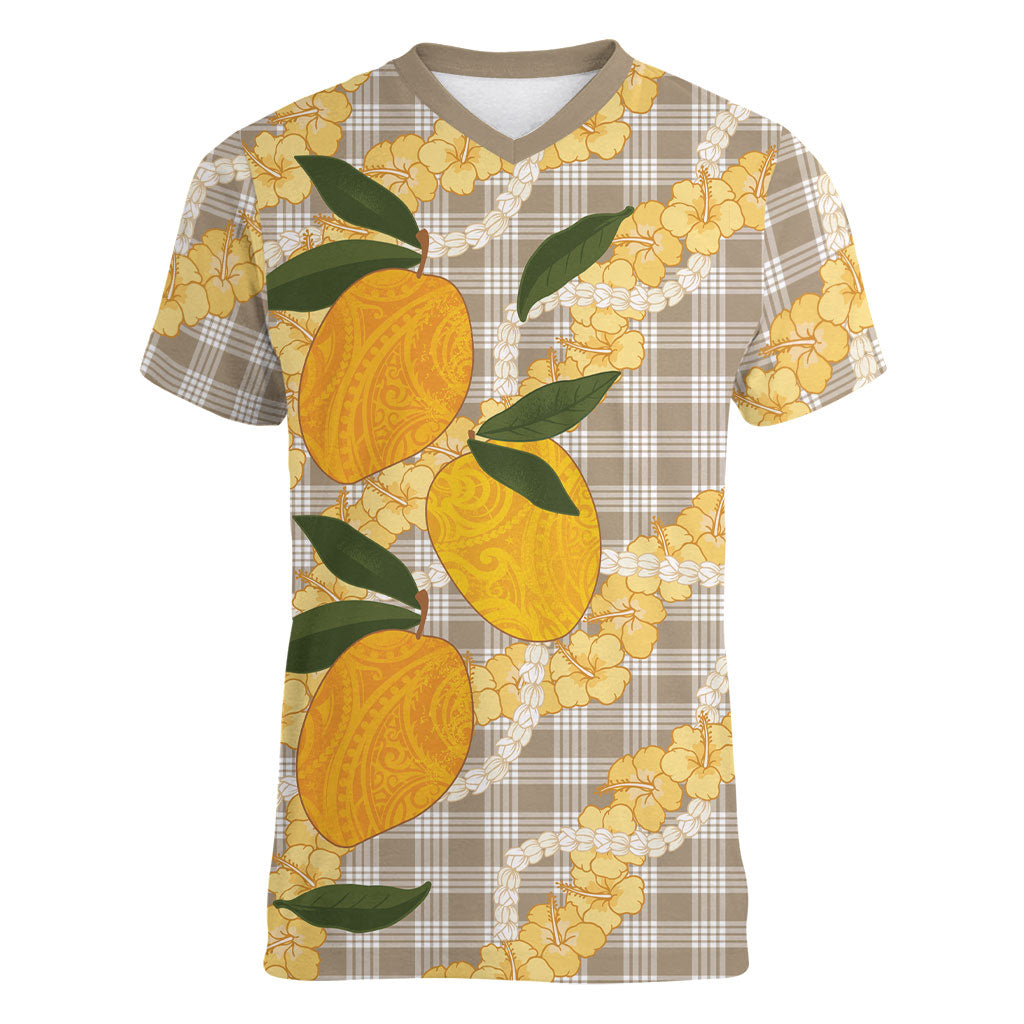 Maku'e Hawaiian Mango Palaka Women V-Neck T-Shirt Aloha Hibiscus Pikake Lei LT9 Female Brown - Polynesian Pride