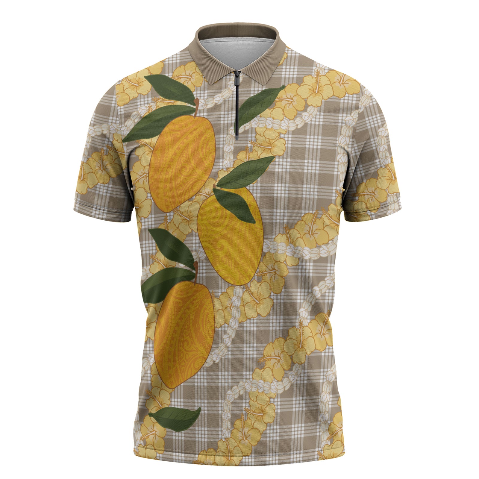 Maku'e Hawaiian Mango Palaka Zipper Polo Shirt Aloha Hibiscus Pikake Lei LT9 Brown - Polynesian Pride