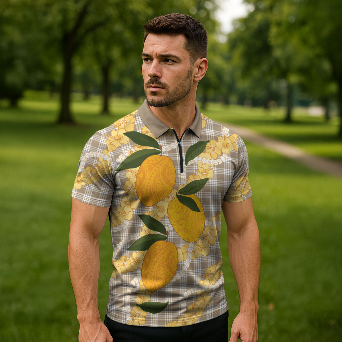 Maku'e Hawaiian Mango Palaka Zipper Polo Shirt Aloha Hibiscus Pikake Lei LT9 - Polynesian Pride