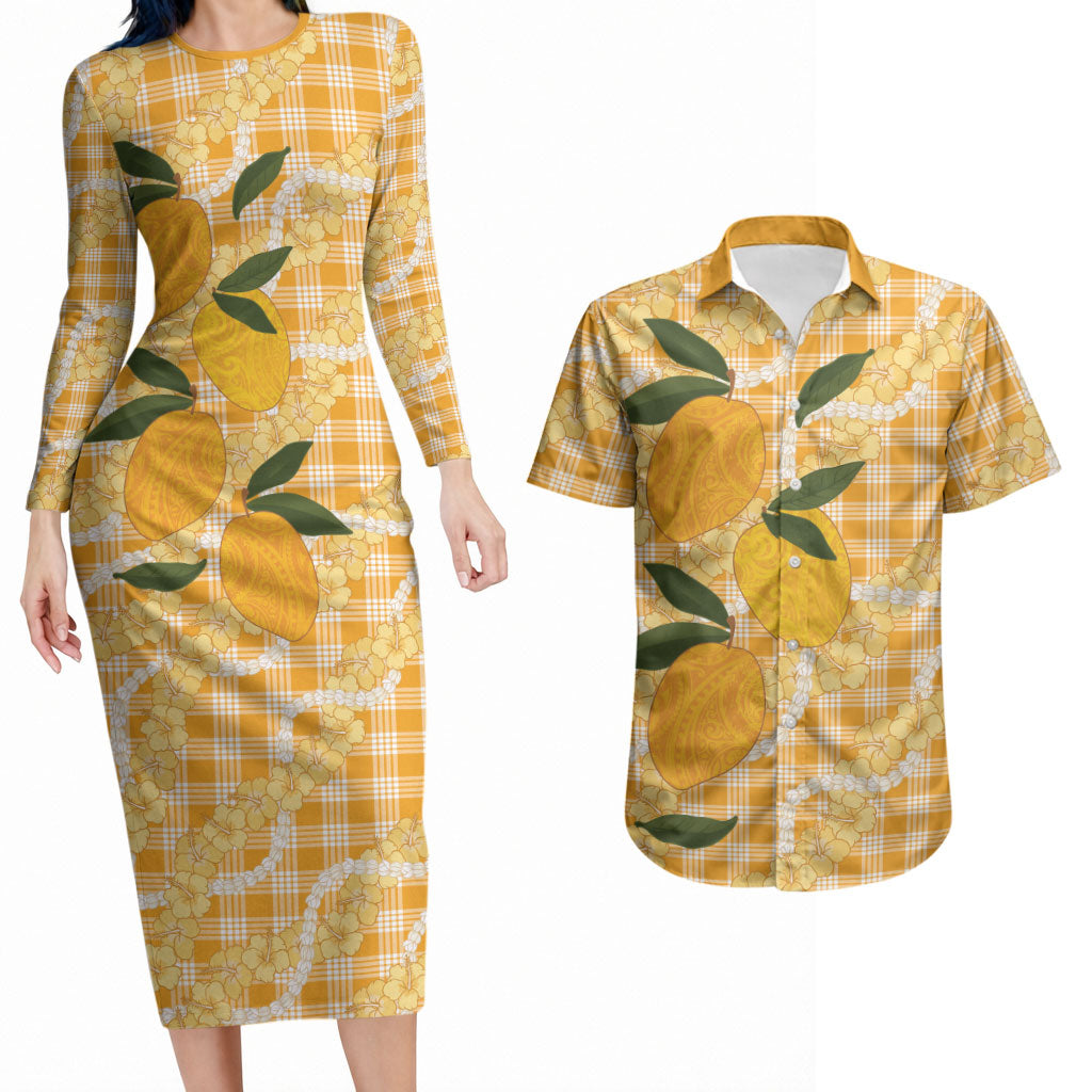 Alani Hawaiian Mango Palaka Couples Matching Long Sleeve Bodycon Dress and Hawaiian Shirt Aloha Hibiscus Pikake Lei LT9 Orange - Polynesian Pride