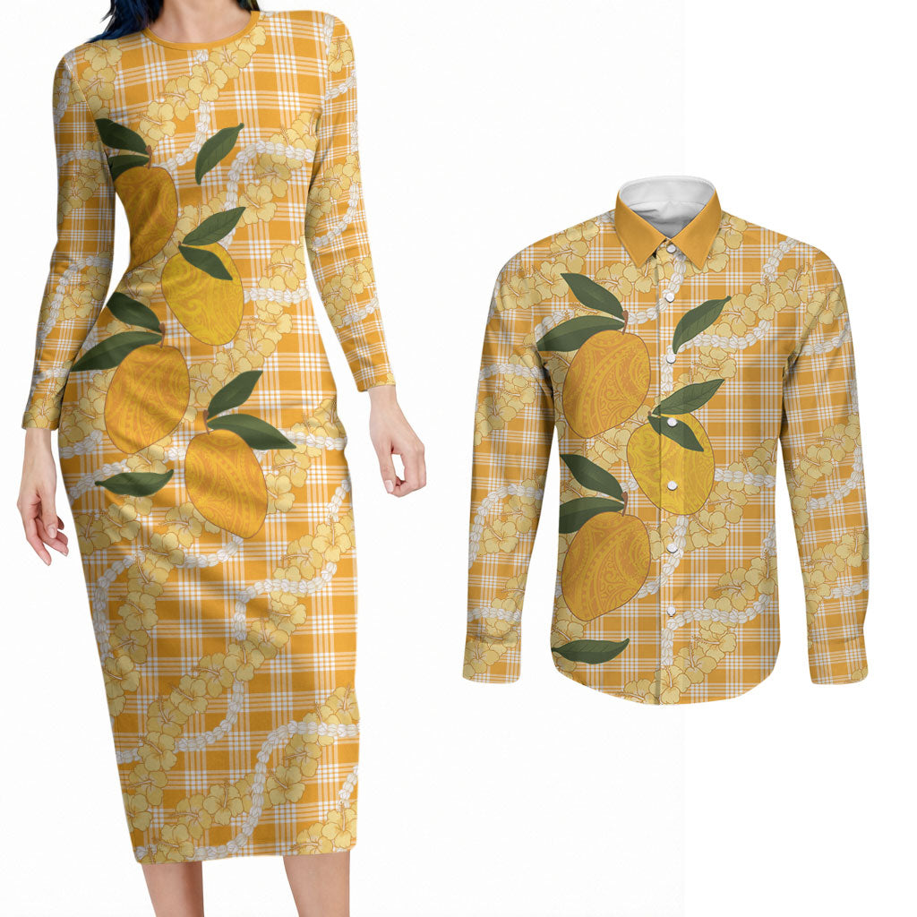 Alani Hawaiian Mango Palaka Couples Matching Long Sleeve Bodycon Dress and Long Sleeve Button Shirt Aloha Hibiscus Pikake Lei LT9 Orange - Polynesian Pride