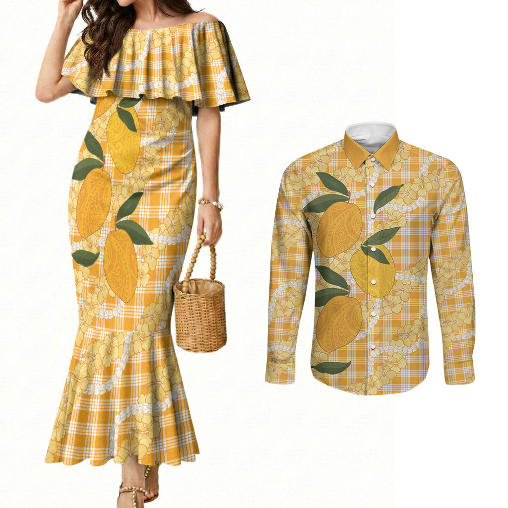 Alani Hawaiian Mango Palaka Couples Matching Mermaid Dress and Long Sleeve Button Shirt Aloha Hibiscus Pikake Lei LT9 Orange - Polynesian Pride