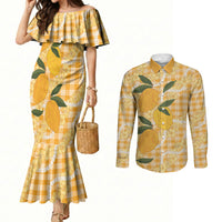 Alani Hawaiian Mango Palaka Couples Matching Mermaid Dress and Long Sleeve Button Shirt Aloha Hibiscus Pikake Lei LT9 Orange - Polynesian Pride