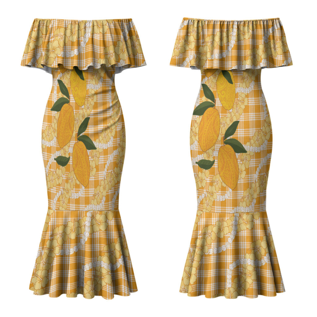 Alani Hawaiian Mango Palaka Couples Matching Mermaid Dress and Long Sleeve Button Shirt Aloha Hibiscus Pikake Lei LT9 - Polynesian Pride