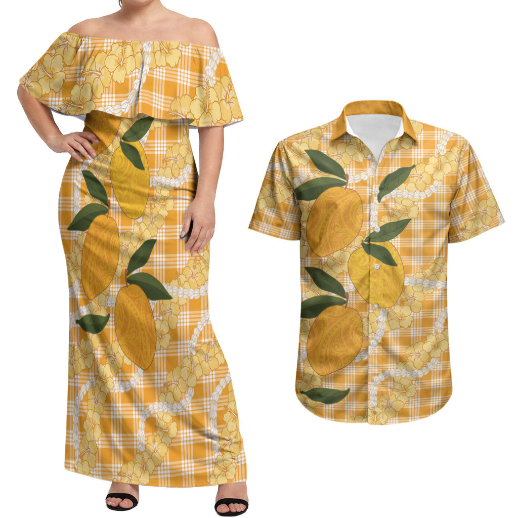 Alani Hawaiian Mango Palaka Couples Matching Off Shoulder Maxi Dress and Hawaiian Shirt Aloha Hibiscus Pikake Lei LT9 Orange - Polynesian Pride