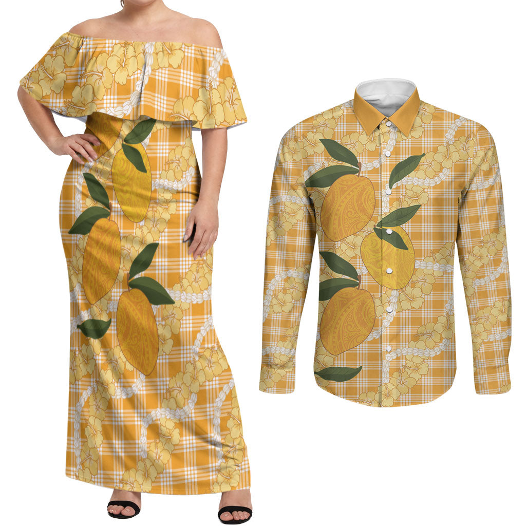 Alani Hawaiian Mango Palaka Couples Matching Off Shoulder Maxi Dress and Long Sleeve Button Shirt Aloha Hibiscus Pikake Lei LT9 Orange - Polynesian Pride