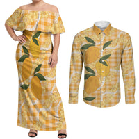 Alani Hawaiian Mango Palaka Couples Matching Off Shoulder Maxi Dress and Long Sleeve Button Shirt Aloha Hibiscus Pikake Lei LT9 Orange - Polynesian Pride