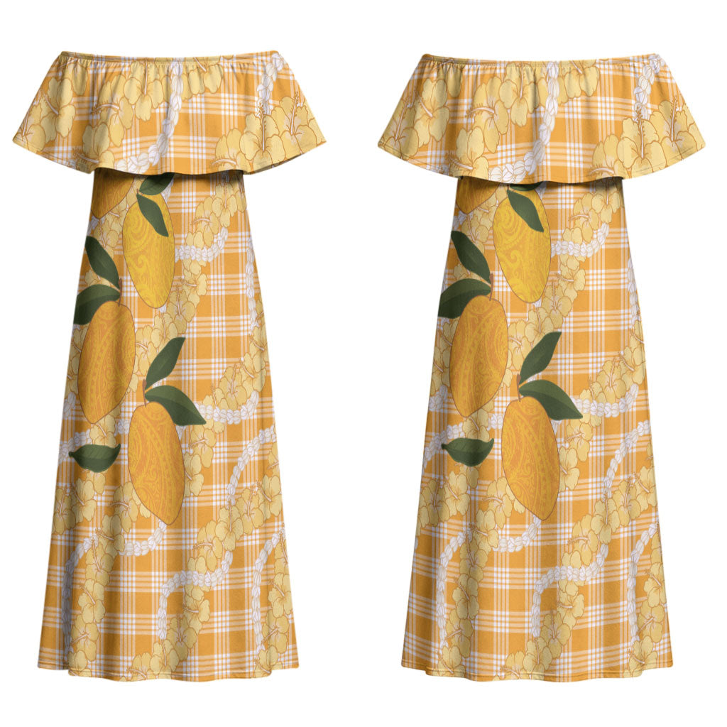 Alani Hawaiian Mango Palaka Couples Matching Off Shoulder Maxi Dress and Long Sleeve Button Shirt Aloha Hibiscus Pikake Lei LT9 - Polynesian Pride