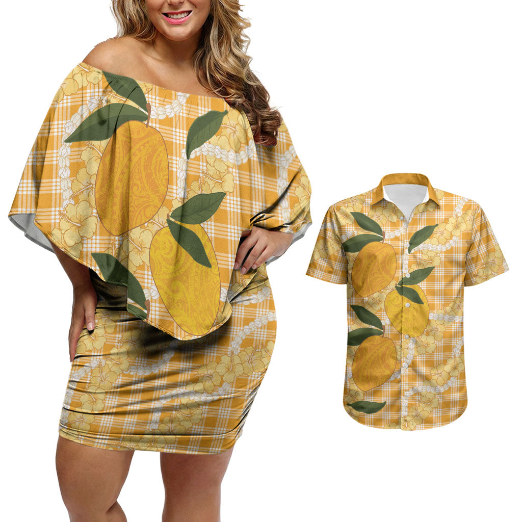 Alani Hawaiian Mango Palaka Couples Matching Off Shoulder Short Dress and Hawaiian Shirt Aloha Hibiscus Pikake Lei LT9 Orange - Polynesian Pride