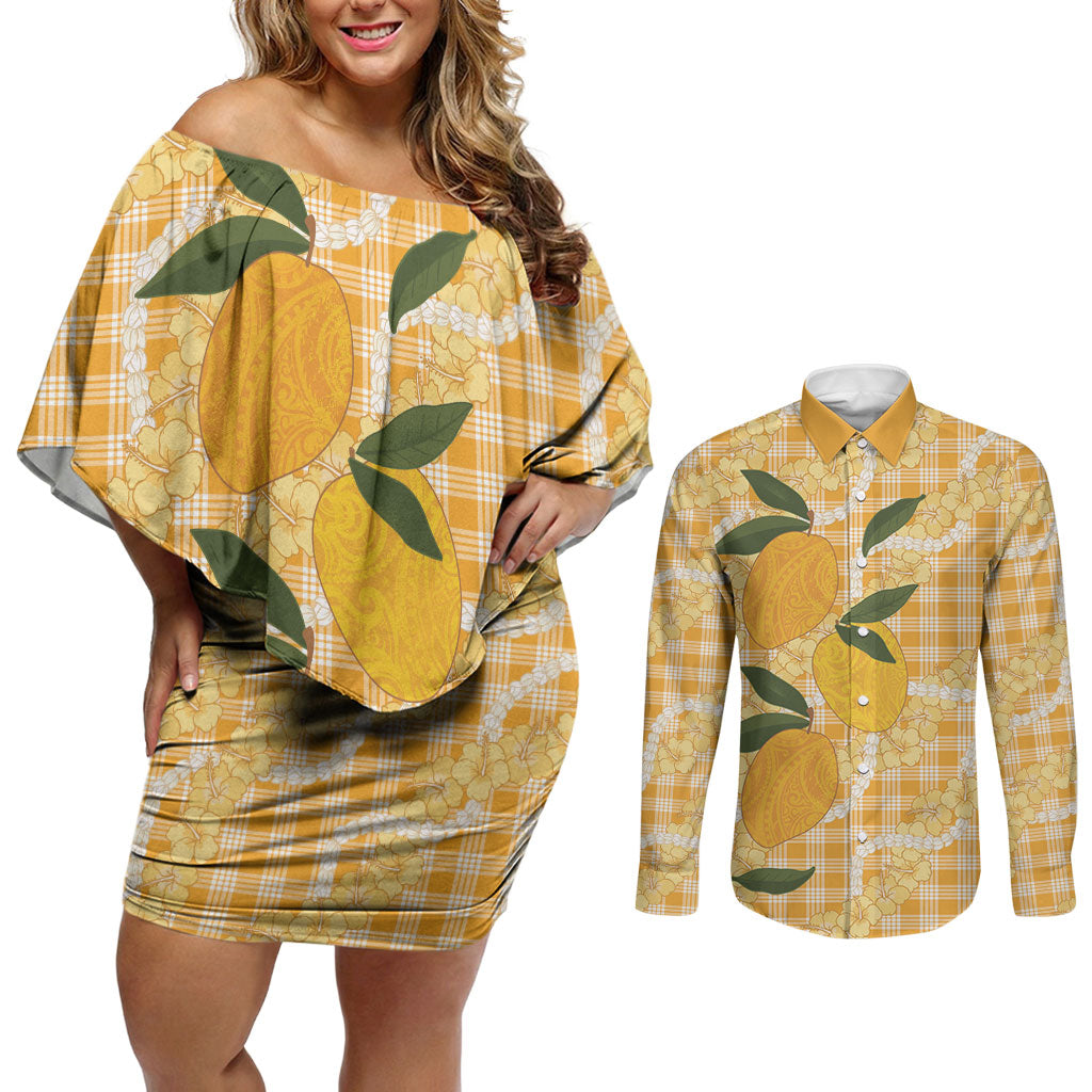 Alani Hawaiian Mango Palaka Couples Matching Off Shoulder Short Dress and Long Sleeve Button Shirt Aloha Hibiscus Pikake Lei LT9 Orange - Polynesian Pride