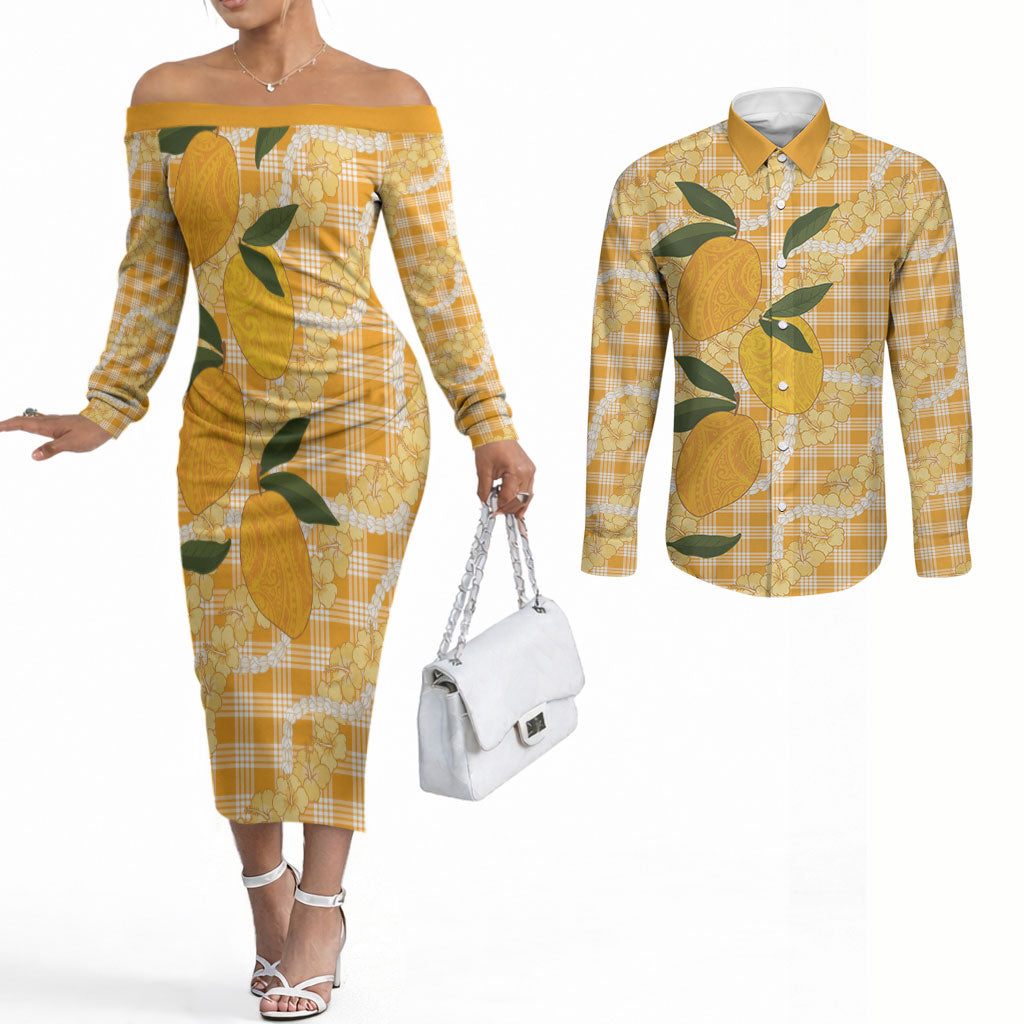 Alani Hawaiian Mango Palaka Couples Matching Off The Shoulder Long Sleeve Dress and Long Sleeve Button Shirt Aloha Hibiscus Pikake Lei LT9 Orange - Polynesian Pride