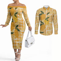 Alani Hawaiian Mango Palaka Couples Matching Off The Shoulder Long Sleeve Dress and Long Sleeve Button Shirt Aloha Hibiscus Pikake Lei LT9 Orange - Polynesian Pride
