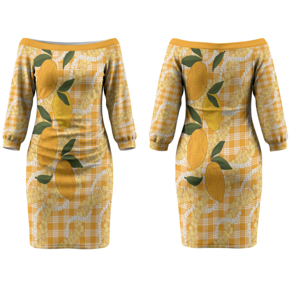 Alani Hawaiian Mango Palaka Couples Matching Off The Shoulder Long Sleeve Dress and Long Sleeve Button Shirt Aloha Hibiscus Pikake Lei LT9 - Polynesian Pride