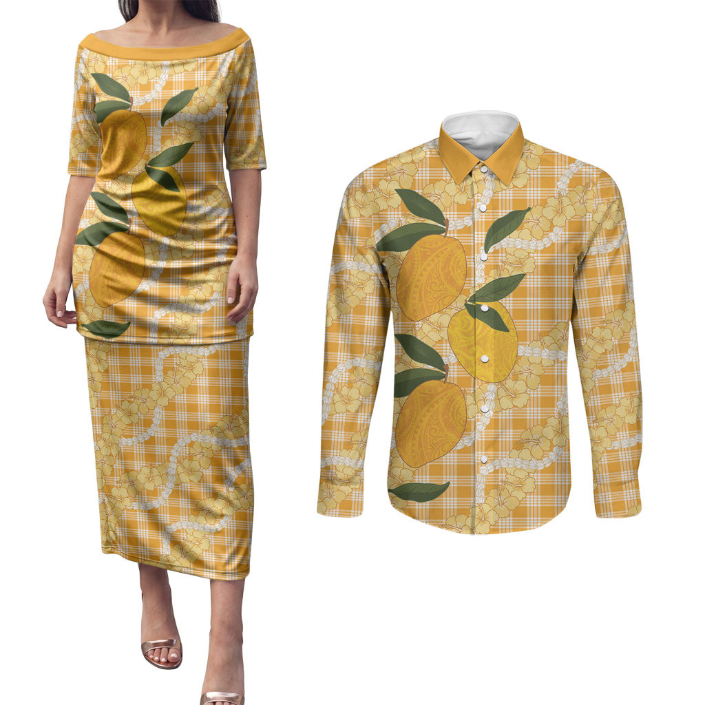 Alani Hawaiian Mango Palaka Couples Matching Puletasi and Long Sleeve Button Shirt Aloha Hibiscus Pikake Lei LT9 Orange - Polynesian Pride
