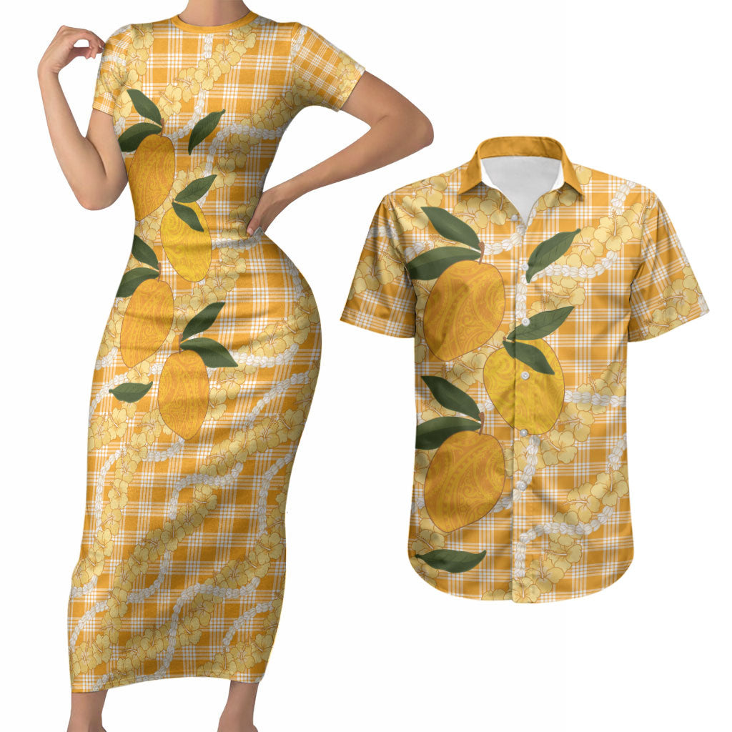 Alani Hawaiian Mango Palaka Couples Matching Short Sleeve Bodycon Dress and Hawaiian Shirt Aloha Hibiscus Pikake Lei LT9 Orange - Polynesian Pride