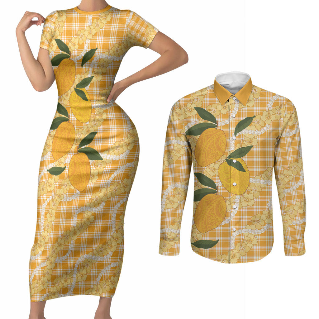 Alani Hawaiian Mango Palaka Couples Matching Short Sleeve Bodycon Dress and Long Sleeve Button Shirt Aloha Hibiscus Pikake Lei LT9 Orange - Polynesian Pride