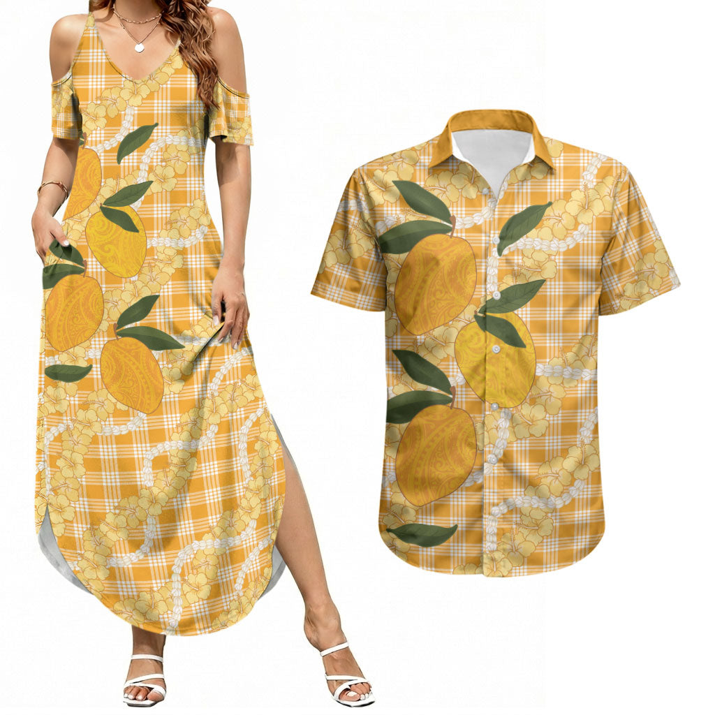 Alani Hawaiian Mango Palaka Couples Matching Summer Maxi Dress and Hawaiian Shirt Aloha Hibiscus Pikake Lei LT9 Orange - Polynesian Pride